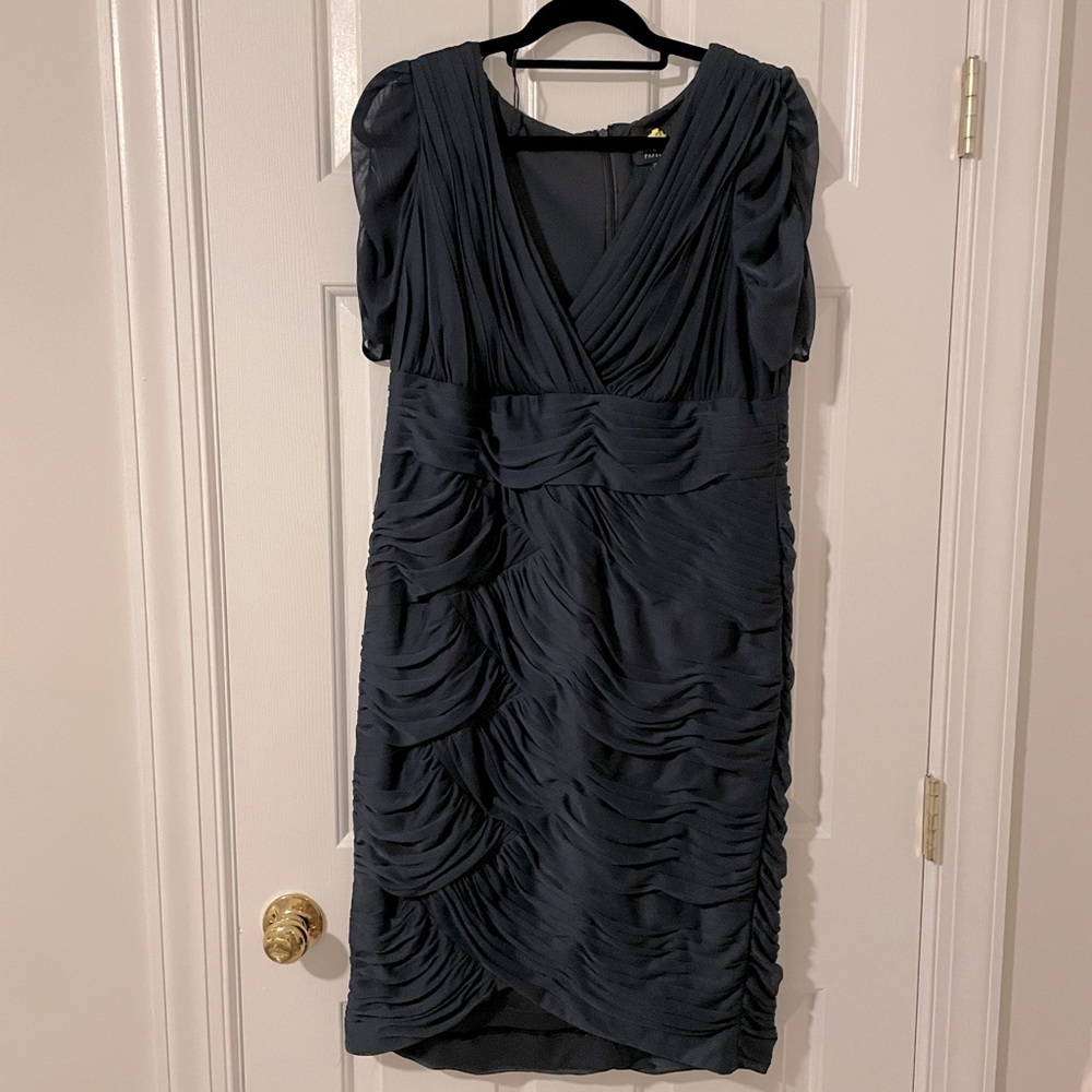 Adrianna Papell 14w gray dress with sheer ruche sleeves